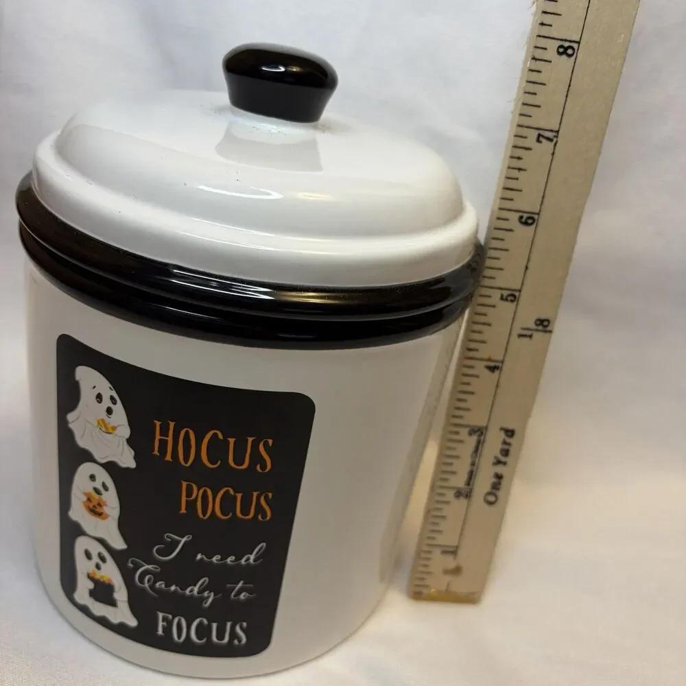 Halloween Hocus Pocus Ceramic Candy Canister & Lid 7.5” Ghosts Treats   Ashland